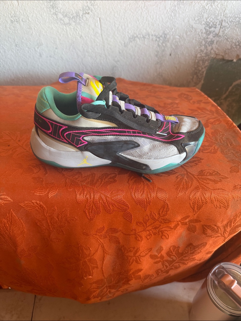 Jordan Women's Silver Sneaker with Pink and Teal Accents